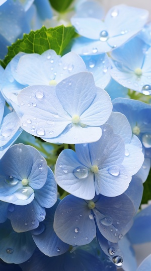 阳光下蓝白色绣球花的透明晶莹剔透