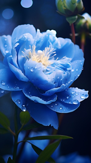 超现实摄影：细雨中的蓝色牡丹花朵清晰特写