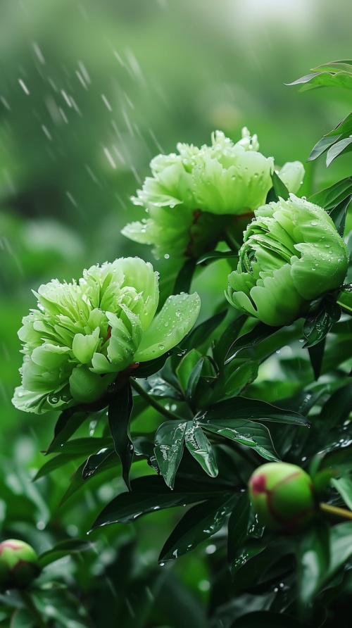 枝长枝孤独的绿色牡丹花，开了两三朵，有的含苞欲放，有的话多炸开，被雨水淋得湿漉漉的，花瓣上有水滴，晶莹剔透，背景是豌豆绿色的模糊的园林