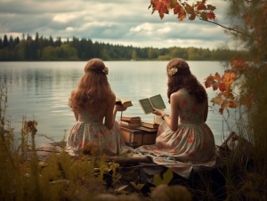 女生努力工作，认真生活，湖边阅读，可爱生活