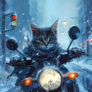 超现实主义风格下的积雪覆盖道路上的摩托车小猫