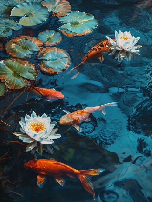 金鱼在池里游动，透明的浅蓝色睡莲盛开，透明质感，清透画面，发光效果，渲染，弥散渐变