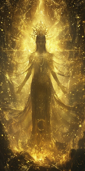 神秘的九天玄女，如天神一般，身边泛起金色的光，超高清
