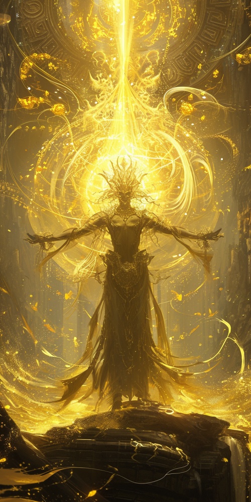 神秘的九天玄女，如天神一般，身边泛起金色的光，超高清