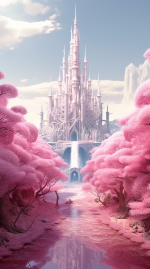 Pink forest and white castle, a hyper - detailed C4D render, spiral ring the composition, Disney，surrealism, surreal concept art, digital painting, complex, aesthetic, smooth, sharp focus, artstation hd, by greg rutkowski, bruce pennington, valentina remenar and asher duran, virtual engine