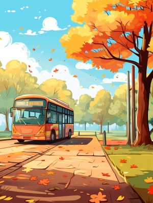 初秋的公交站，公交站牌旁边有一棵树，公交站前有一辆公交车。卡通插画，不要背景