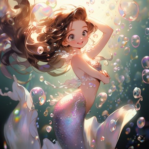 唯美二次元美人鱼公主穿着水晶宫廷闪光霓虹裙