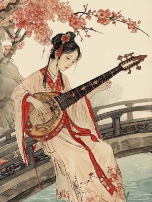 一个女生穿汉服在江南的桥边弹琵琶