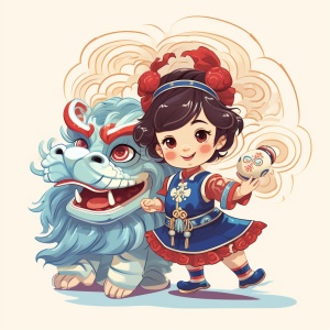 中国传统古代小女孩的蓝白木版画矢量插画艺术