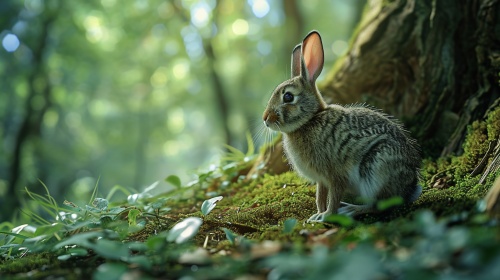 森林里的小兔子，和妈妈一起东张西望，小心翼翼身上穿着小马甲，远景，全身，