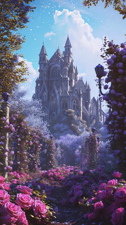 rose garden violet Mew City of Sky Dream castle, colorful roses, starry sky, romantic atmosphere, maximum detail, high detail, clarity, octane rendering. 8k