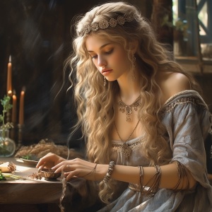 古代，40岁女子，坐在桌边读书。满头钗环珠宝，非常美丽