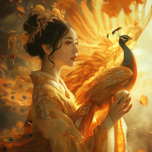 A golden peacock and a beautiful antique woman with delicate features and a peacock egg in her hand. Smile, wearing the luxurious and elegant golden Hanfu, hazy beauty, staring straight into the eyes, the sky is flying with flames, the atmosphere around the body is emitting light, the background is colorful, dreamlike, hazy beauty, daytime, ancient style, perfect composition, fine details, movie texture, 8k, masterpieces, quadratic illustration and comics. s200,niji5,