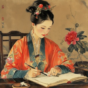 古代美丽的40岁中国女子读书