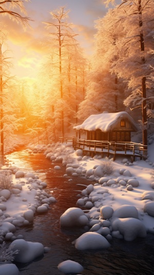 冬季仙境：冬日的森林被白雪覆盖，一条小溪穿过林间，溪边的树上挂满了冰柱。远处是一座被雪覆盖的小屋，小屋的烟囱冒出缕缕炊烟。阳光透过树林洒在雪地上，形成了一道金色的光芒