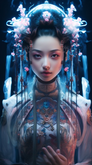 Chinese Young Girl with a 3D Three-dimensional Face and Cyberpunk Style