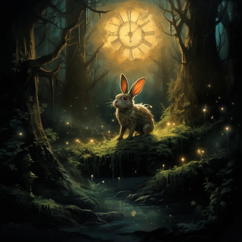 在夜晚，森林里一个的蜘蛛黑影， 张开一张网 ，兔子，身上穿着小马甲，经过这里
