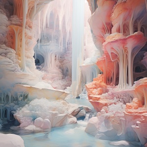 thomas sarah edgar frozen waterfall悉尼艺术品，采用洛可可风格的淡色色彩，数字艺术奇观，浅红色和靛蓝，空灵氛围，超凡脱俗的生物，发光的配色方案，浅橙色和浅翡翠