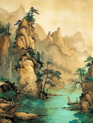 中国山水画，万里青山绿水，金黄色海蓝宝石风格，原始写实，浪漫写实，深米色蓝绿色，工笔水墨