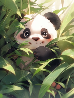 小熊猫，可爱呆萌，对着镜头笑，有层次感，生动，逼真，竹叶，chibi style