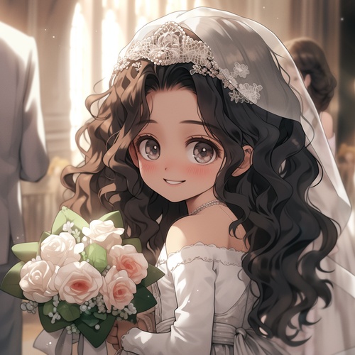 A cute and beautiful little girl with fair skin, big black eyes and long curly hair, a smile on her face, wearing a beautiful and pure white wedding dress, wearing a white headscarf, in the wedding hall, holding roses, shining around her, sweet. Happiness. A sense of haziness, dreaminess, and cinematic quality.