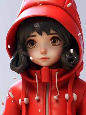 Asian illustration, a 18 year old girl, big eyes,In winter, wearing very thick red clothes, white background, clay, Matte, soft light, glowwave, simple, 3d, blender, oc render, in by pop mart, blind box toy, hyper detail, c4d, 8k, uhd niji 5 ar 3:4