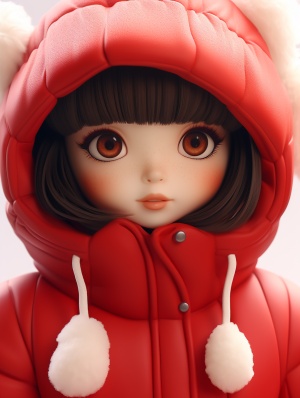 Asian Girl in Winter: Red Clothes and Big Eyes
