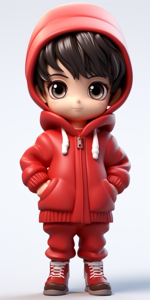 Asian Boy in Thick Red Clothes: Clay Toy with Soft Lighting