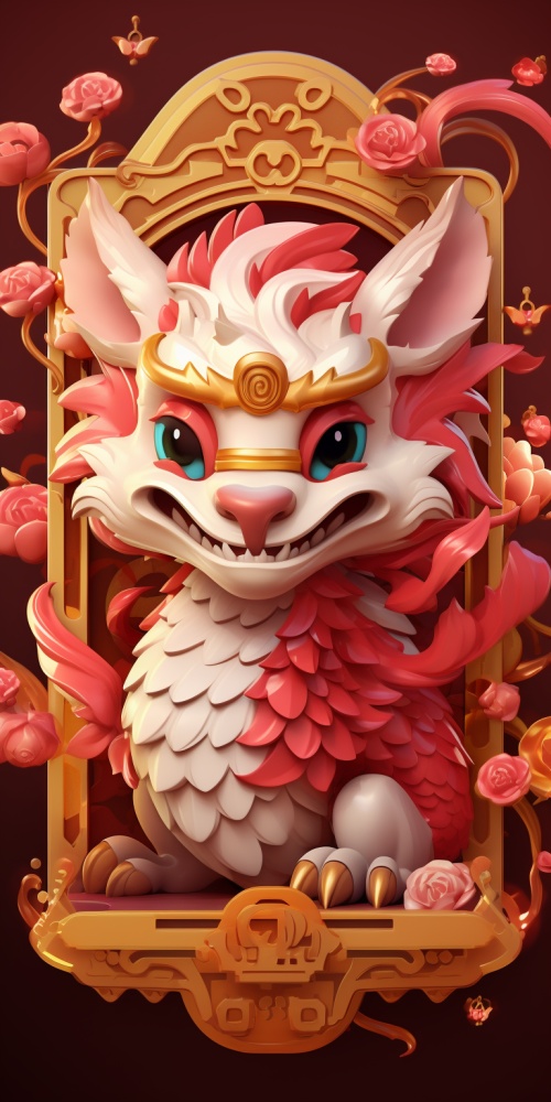 中国龙卡与红色背景和可爱的动物字符，在fawncore的风格，32k uhd，漫画样的插图，solapunk，钱轩，色彩强度，独特的人物设计