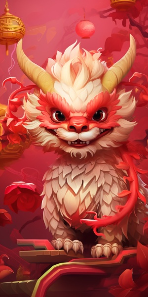 中国龙卡与红色背景和可爱的动物字符，在fawncore的风格，32k uhd，漫画样的插图，solapunk，钱轩，色彩强度，独特的人物设计