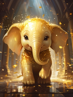 小金象从天宫朝我走来，笑着的，全身散发着闪闪的金色光芒，身上写着100万