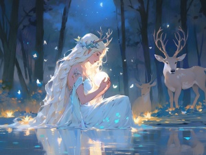 银河唯美星空小鹿兔子月光森林映月湖水绝美精灵公主