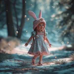 可爱小女孩穿着兔子耳帽礼裙在森林中蹦蹦跳跳