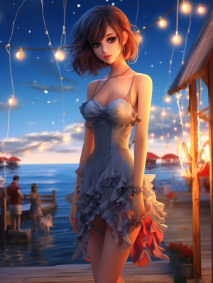 Exquisite Anime Style Full-Body Shot by the Beautiful Seaside