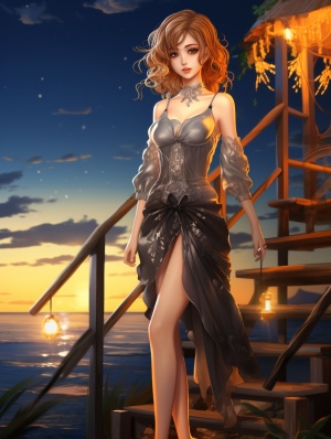 Exquisite Anime Style Full-Body Shot by the Beautiful Seaside