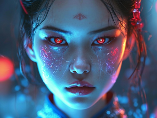 Chinese,young,girl,,with,a,3D,three-dimensional,face,,fair,skin,,exquisite,facial,features,,a,fusion,of,Chinese,Hanfu,and,mecha,,a,touch,of,porcelain,,cyberpunk,style,,wide-angle,lens,,holographic,projection,,glowing,brush,strokes,,strong,contrast,between,light,and,dark,,holographic,ribbons,around,the,waist,,Chinese,martial,arts,movements,,16k,,3D,,art,,realism,,high,detail,,and,the,highest,quality