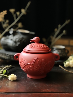 传统中国茶道场景中的红色碗、鸟、花和烟
