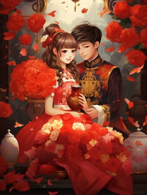 有一个红花小鸟花瓶，中式，中元节，传统中国，中国鬼节，小人物，灯冒红烟，幸福夫妻，王琛，甜蜜的艺术品，千叶雄大