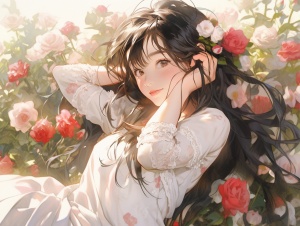 小巧绝美高清画质中国女孩站在玫瑰花中