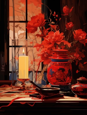 中国风格的红色花瓶与蜡烛的艺术现场