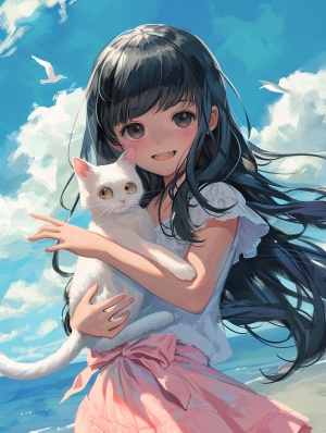 Dreamlike 1970s Anime: Little Girl with Long Black Hair and White Cat by the Seaside