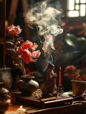 红烟灯与红花的茶道艺术品
