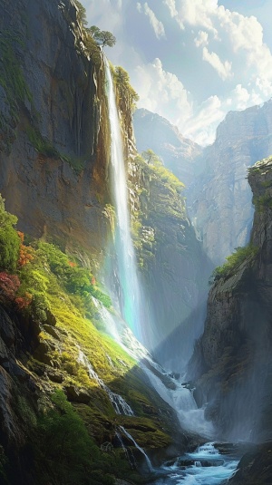 A matte painting of beautiful Huge cliff, rainbow waterfall, water mist, soft light, crystal texture of clouds, fairy tales, dreams, Fluorescence, volume light,below the waterfall is a huge lake, blue water,by thomas kinkade and Tyler Edlin,trending on cgsociety,8k, Volumetric light ar 9:16