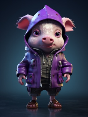 可爱的猪猪，朋克斯风格，穿着紫色的外套站着