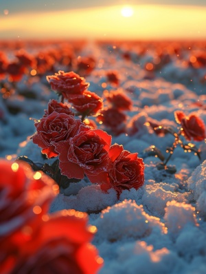 ,in the snow sea, many red roses covered with transparent snow red roses sparkling snow beach on two rows of neat snow red rose, sunset, rosy glow, sunset afterglow, new happiness, depth of field, ultra wide perspective, surrealism, ultra wide vision, ultra clear level of detail, high quality, high definition, new love rendering hd hd 2 v 4 ar 2:3
