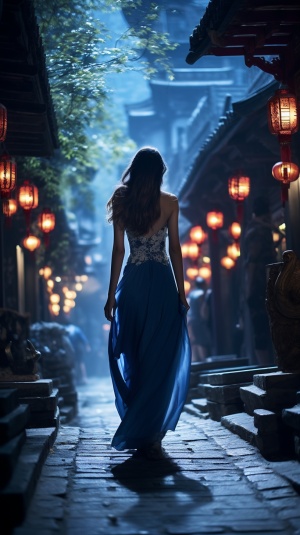 中国风穿旗袍的少女，走在一条古老青石巷上，逆光透视感强，超现实，神秘感。