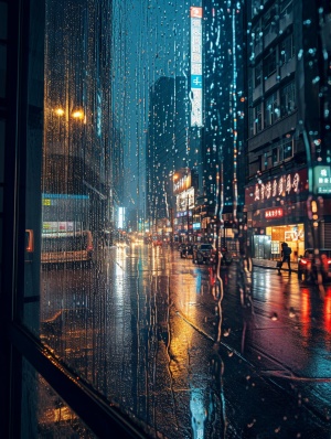 城市夜雨中的窗景