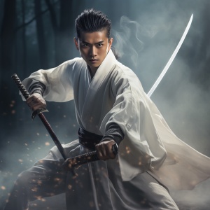 中国古代美男，高冷霸气，身穿白色吧长衫，佩剑舞剑，中国武侠
