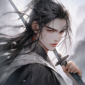 中国古代美男，身穿灰色衣服，面容精致，忧郁，佩剑，舞剑，生动,充满活力，栩栩如生，中国古代武侠，光暗对比