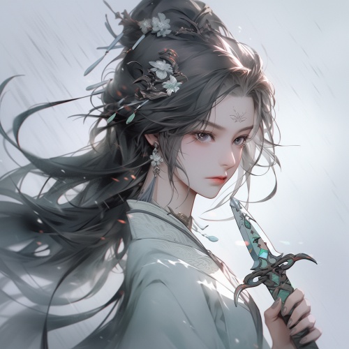 中国古代美女，身穿灰色衣服，面容精致，忧郁，佩剑，舞剑，生动,充满活力，栩栩如生，中国古代武侠，光暗对比